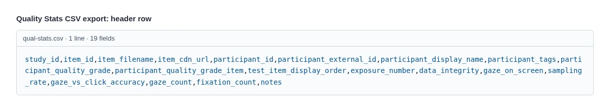 Quality Stats CSV file header row