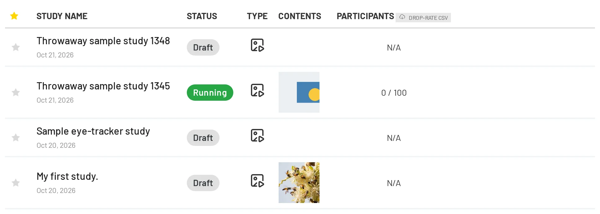 Studies list with the Drop-rate CSV download button in the Participants column