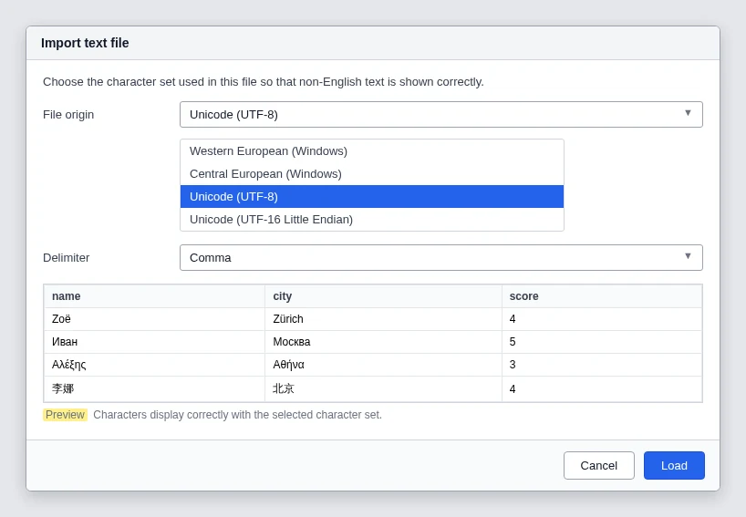 Import text file dialog with Unicode (UTF-8) selected as the file origin