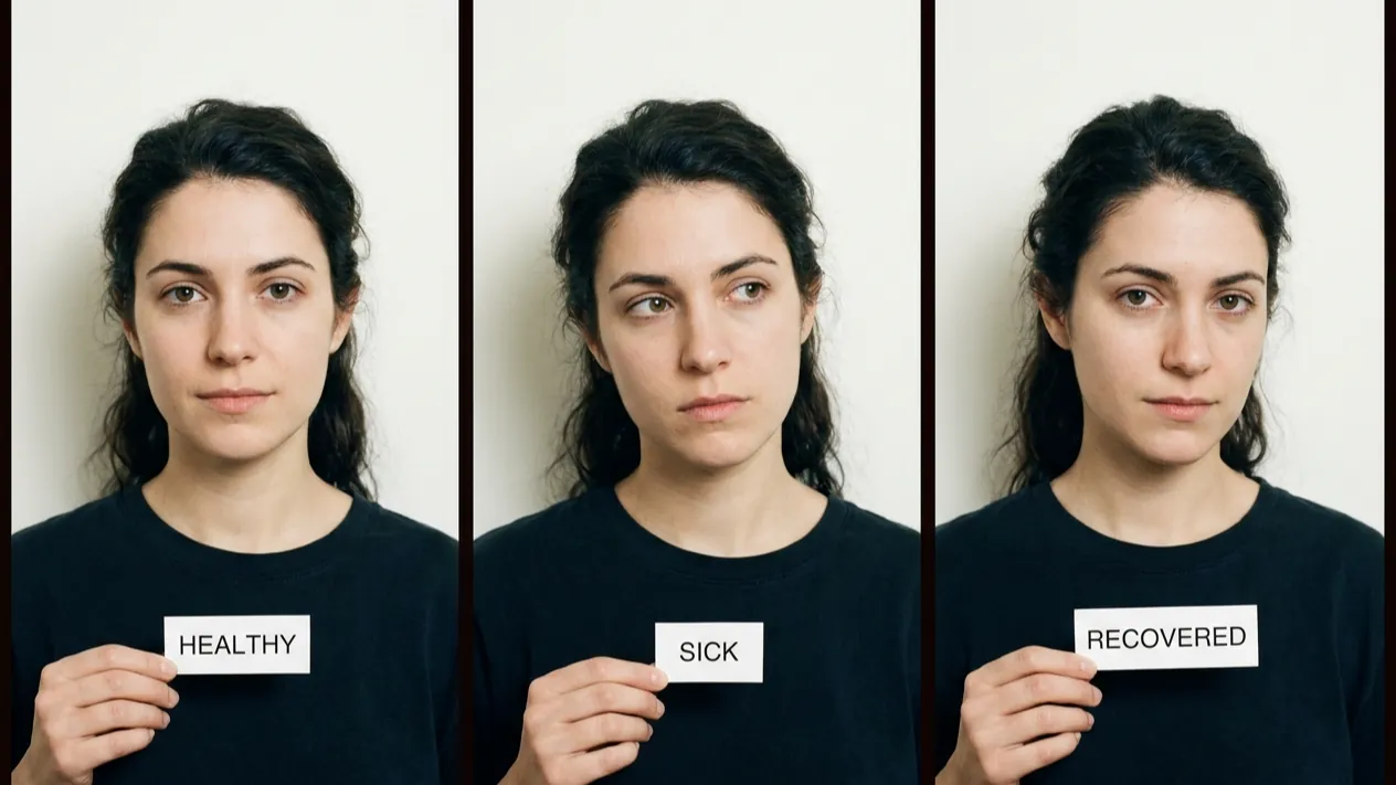 Three-panel illustration of the same woman’s face labeled Healthy, Sick and Recovered.
