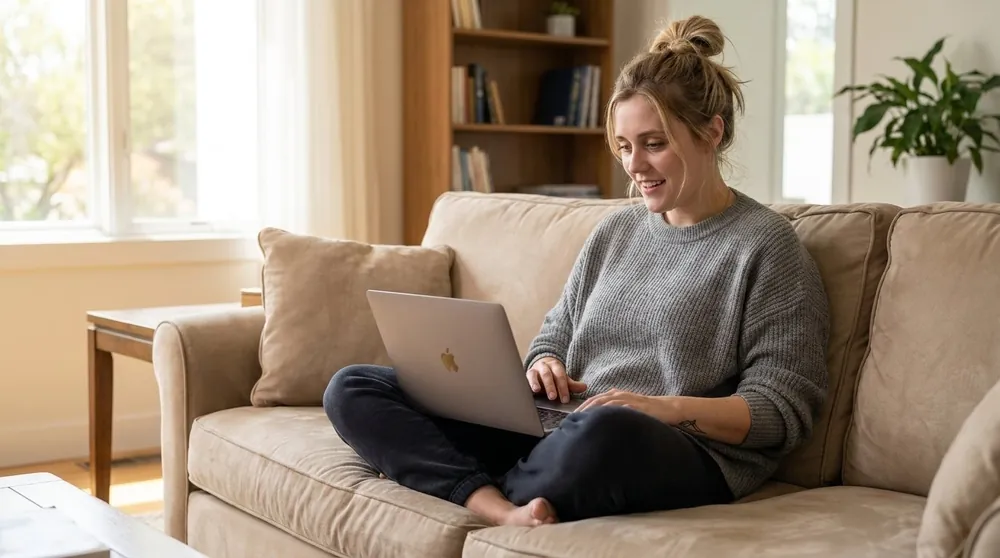 A woman sitting on a sofa at home, smiling as she uses a laptop.