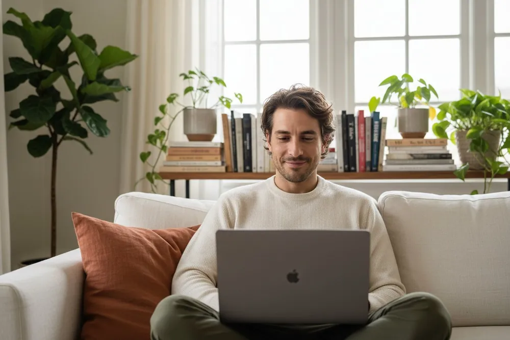 Man relaxing on a sofa with a laptop, with plants and books behind him